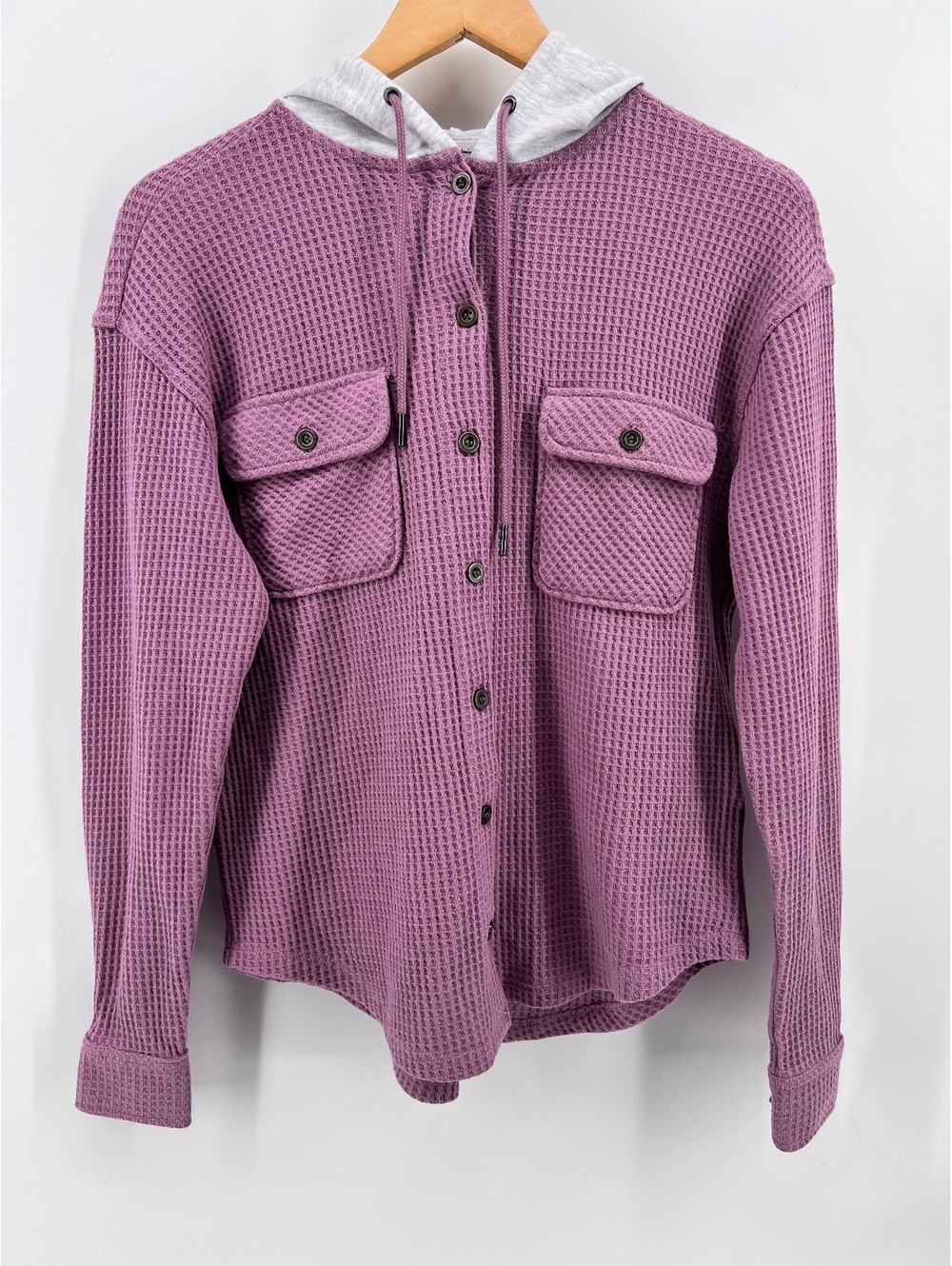 Hippie Rose NWT Purple Waffle Knit Hooded Shacket Button Down Top Womens XS Boho